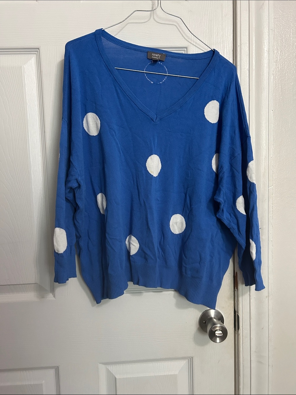 Ninety Blue V-Neck Sweater with White Polka Dots